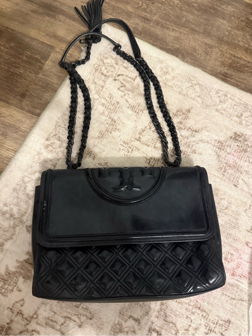 Tory Burch Black Quilted Chain-Handle Shoulder Bag with Tassel